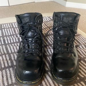 Dr Martens Steel Toe Work Boots Black Leather Mens 10 Moto Biker Combat Hobo.